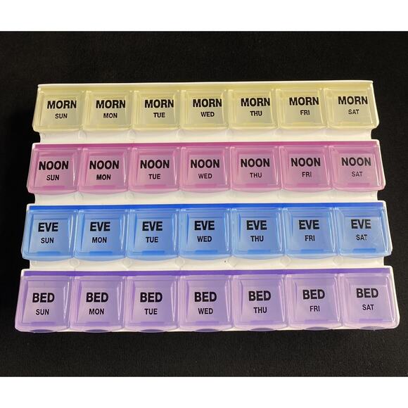 One Week Pill Organizer 4x a Day Morn Noon Evening Bed - Picture 1 of 3